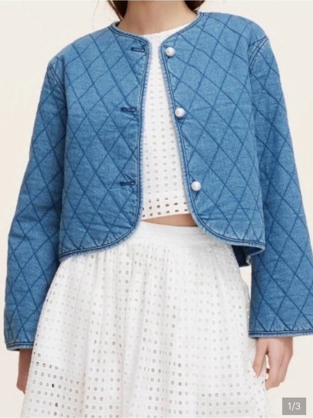 kate spade Quilted Denim Crop Jacket in Medium Blue - Picture 1 of 3